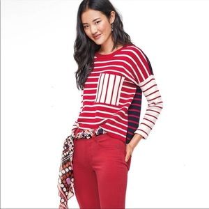 Cabi Stripe Boxy Pullover Large Pocket Sweater